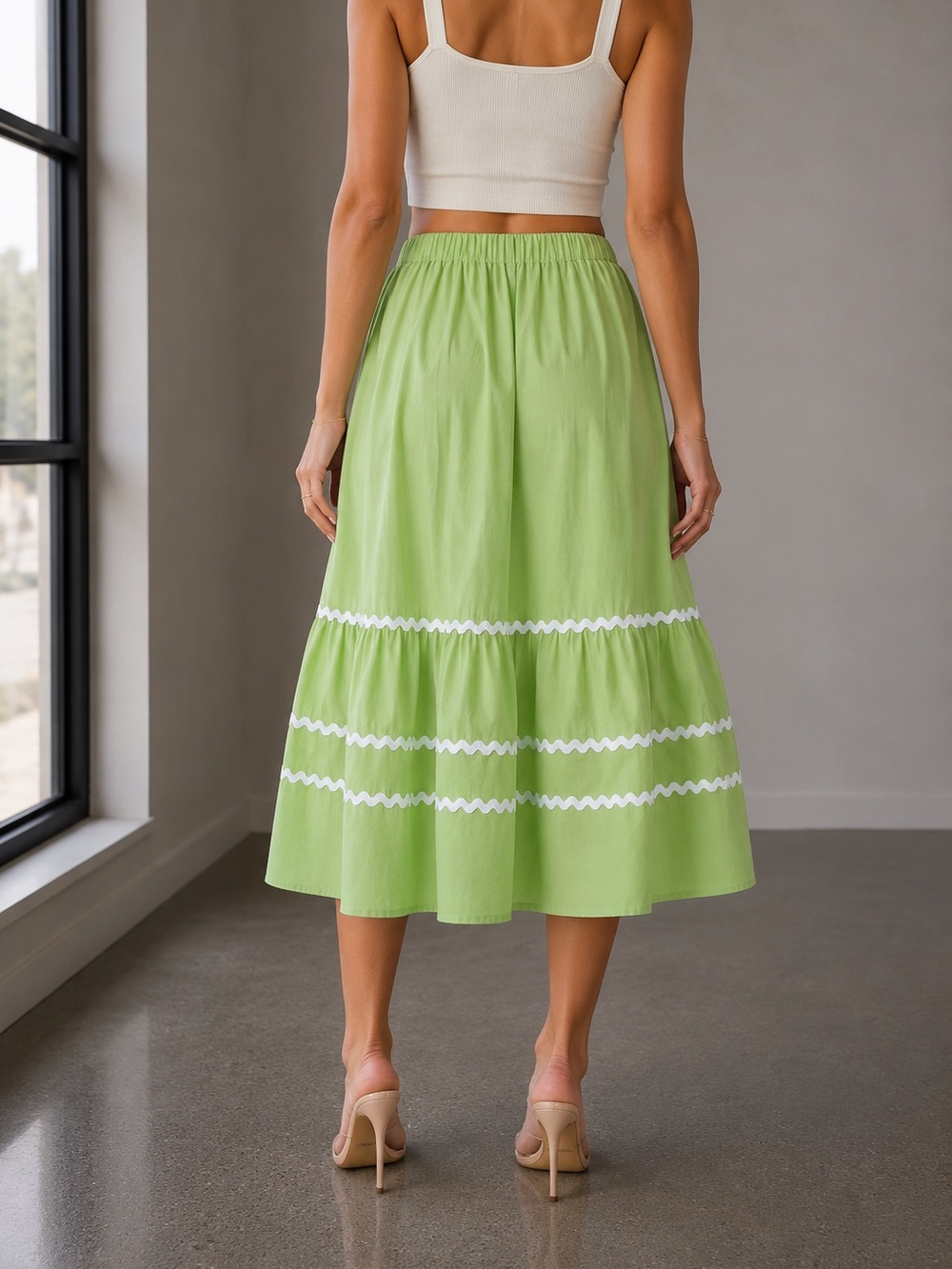 261. Light Green Tiered Midi Skirt with White Trim - Picture 3 of 3